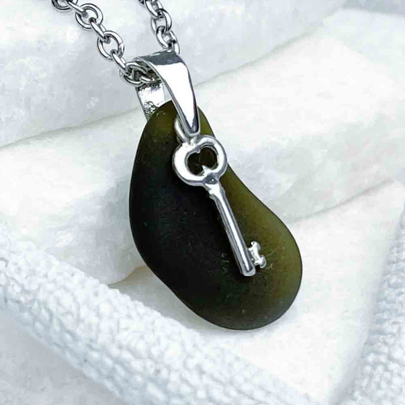 Olive Green Sea Glass Pendant with Sterling Silver Key Charm