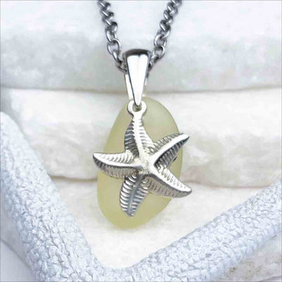 Light Yellow Sea Glass Pendant with Sterling Silver Large Starfish Charm