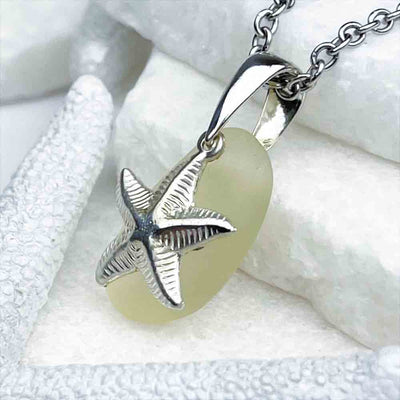 Light Yellow Sea Glass Pendant with Sterling Silver Large Starfish Charm