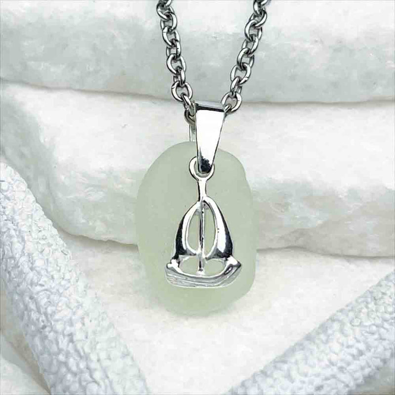 UV Sea Glass Pendant with Sterling Silver Sailboat Charm 