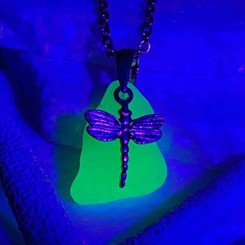 Green UV Sea Glass Pendant with Dragonfly Charm