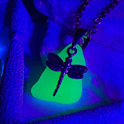 Green UV Sea Glass Pendant with Dragonfly Charm
