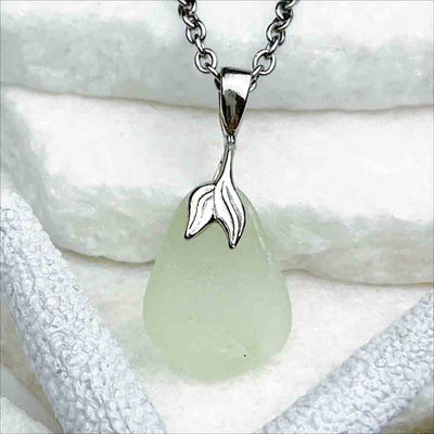 UV Sea Glass Pendant with Sterling Silver Mermaid Tail Bail 