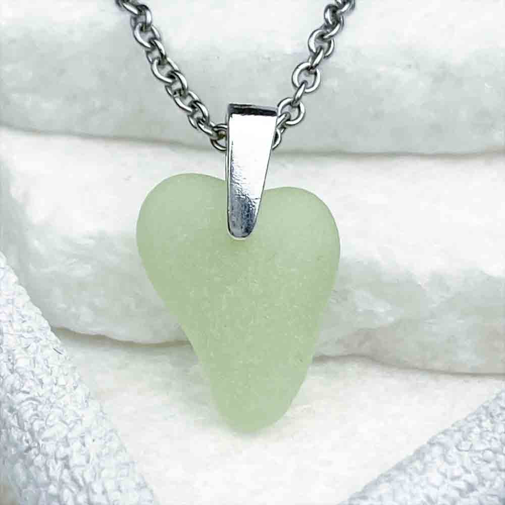 Genuine cornish heart shaped seaglass pendant set in recycled fine silver outlet open bezel setting, genuine green cornish seaglass set in silver