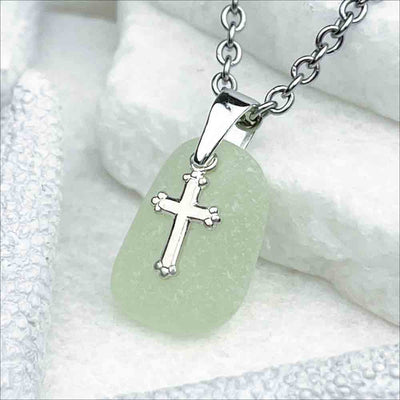 UV Sea Glass Pendant with Sterling Silver Cross Charm