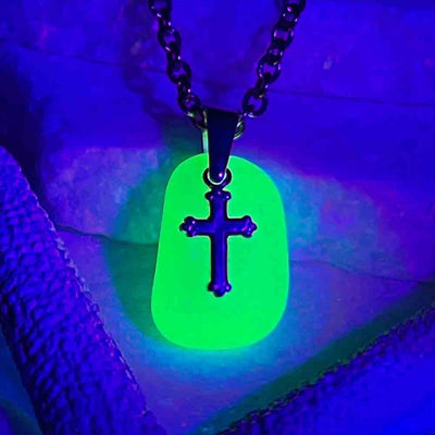 UV Sea Glass Pendant with Sterling Silver Cross Charm