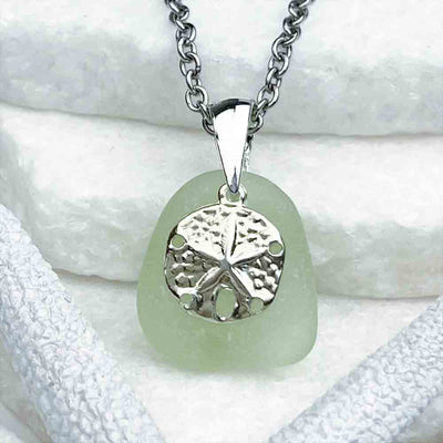 UV Sea Glass Pendant with Sterling Silver Sand Dollar Charm