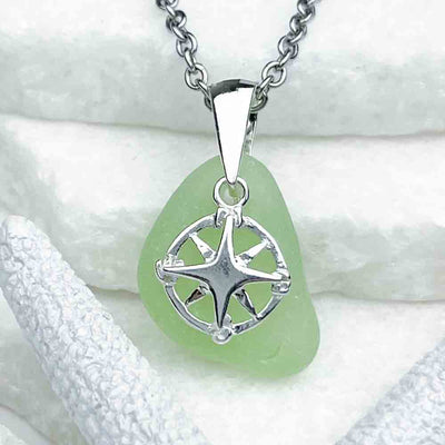 UV Sea Glass Pendant with Sterling Silver Compass Charm