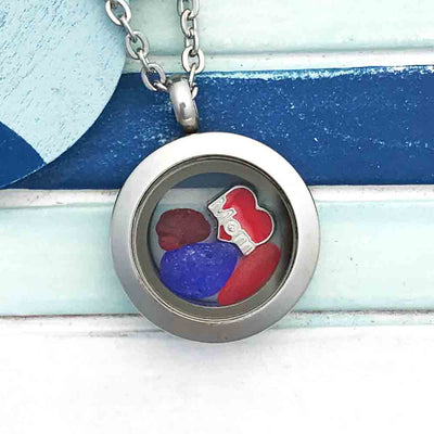 Tiny Bright Red, Deep Red and Cobalt Blue "I Love Mom" Sea Glass Locket