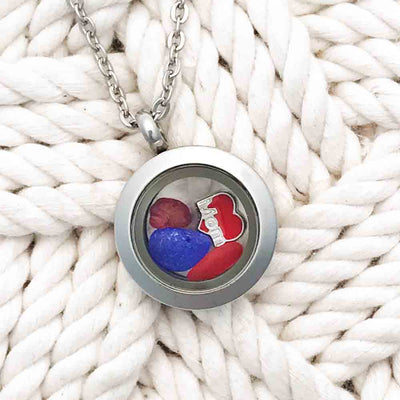 Tiny Bright Red, Deep Red and Cobalt Blue "I Love Mom" Sea Glass Locket