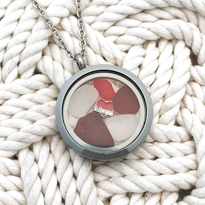 Showy Deep and Bright Red "I Love Mom" Sea Glass Locket