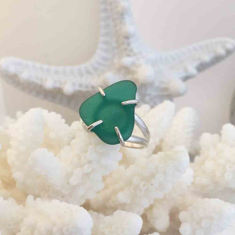 Greenie Teal Sea Glass Ring in Sterling Silver