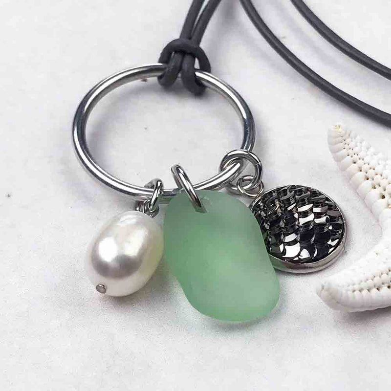 Midnight Moonrise Mermaid Dreams Necklace with Seafoam Sea Glass & Genuine Pearl