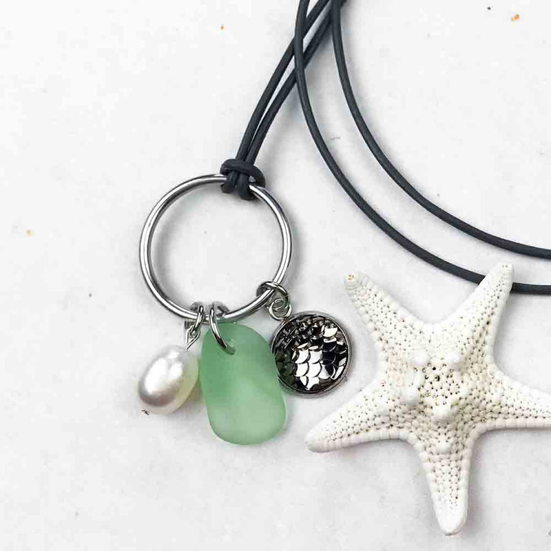 Midnight Moonrise Mermaid Dreams Necklace with Seafoam Sea Glass & Genuine Pearl