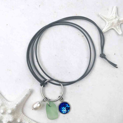 Deep Blue Sea Mermaid Dreams Necklace with Seafoam Sea Glass & Genuine Pearl