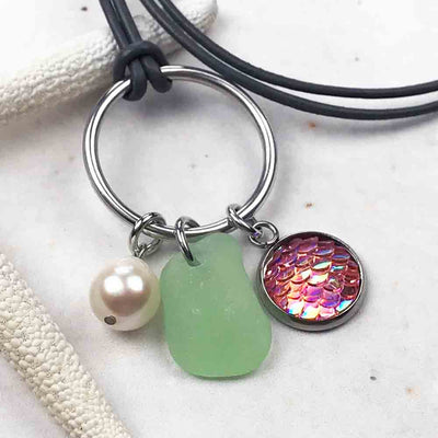 Rosy Glow Mermaid Dreams Necklace with Seafoam Sea Glass & Genuine Pearl | #1355