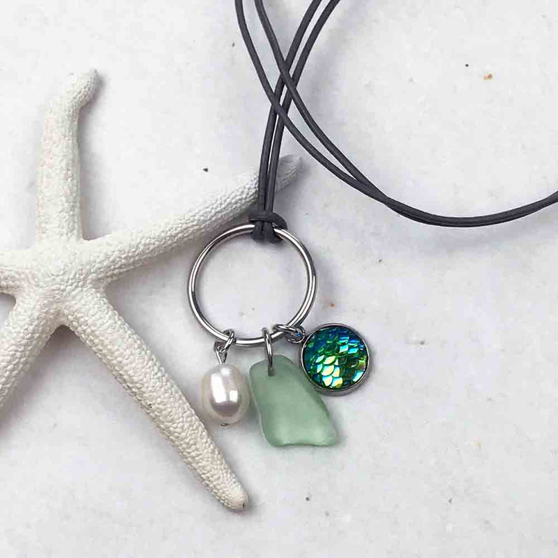 Turquoise Flash Aqua Mermaid Dreams Necklace with Seafoam Sea Glass & Genuine Pearl