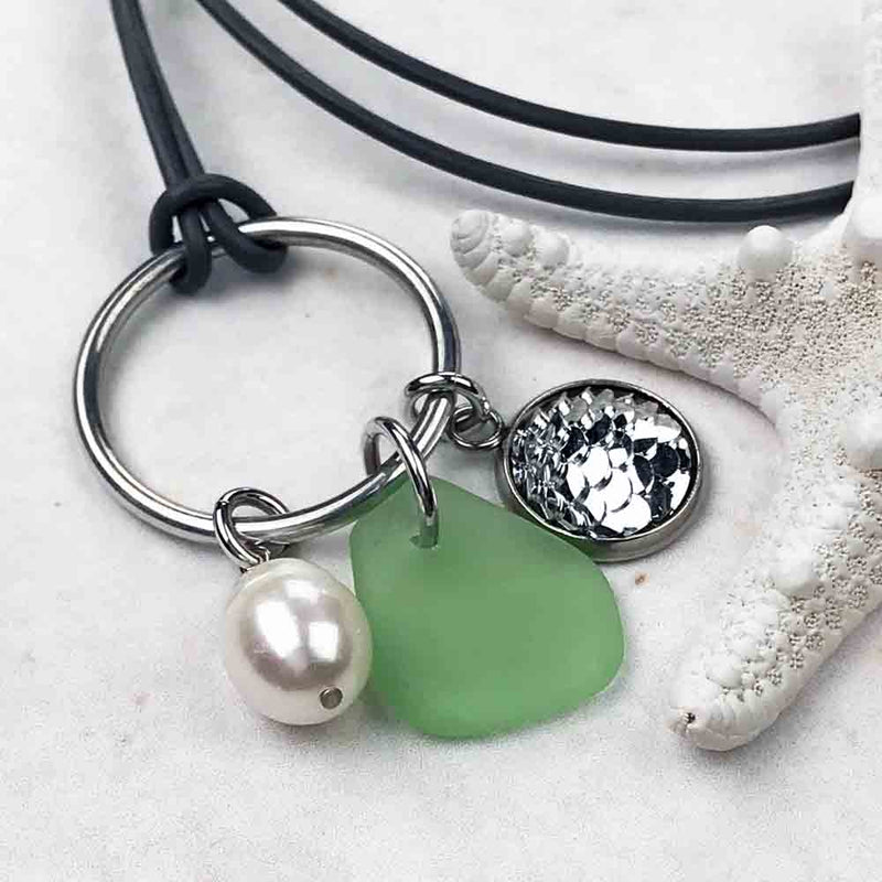 Silver Sparkle Mermaid Dreams Necklace with Seafoam Sea Glass & Genuine Pearl