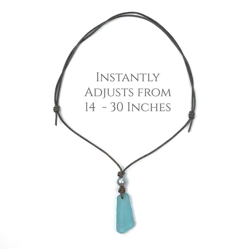 Large Slab Shaped Soft Blue Sea Glass Leather Necklace | 
